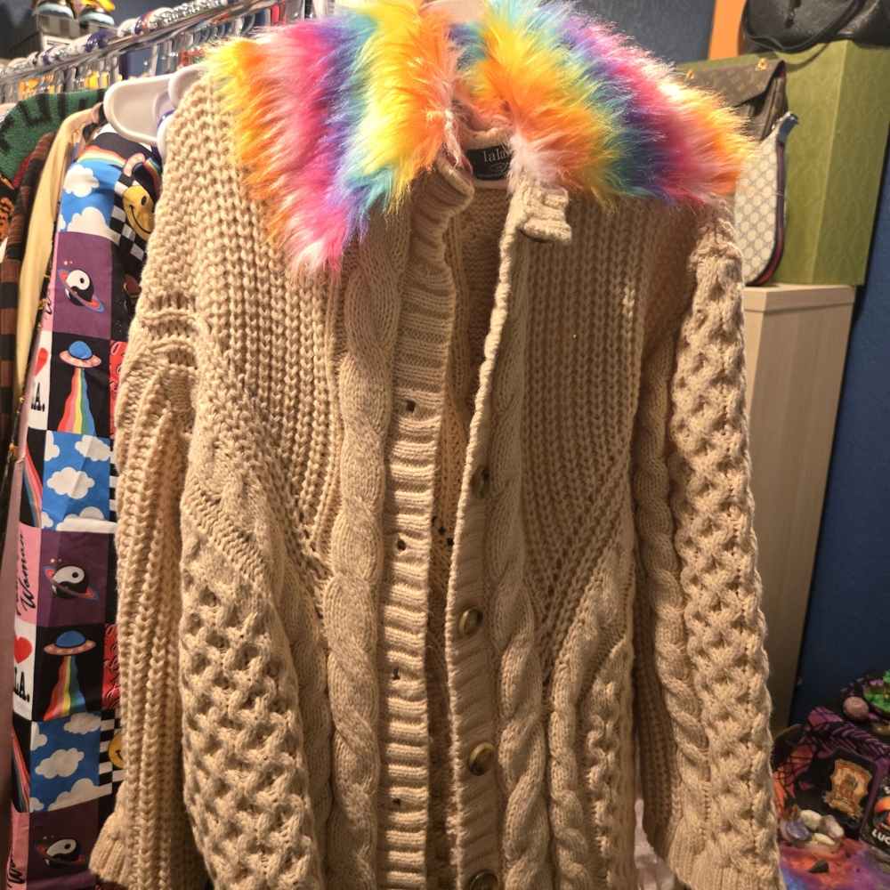 Tan Cable Knit Cardigan with Rainbow Fur Collar
